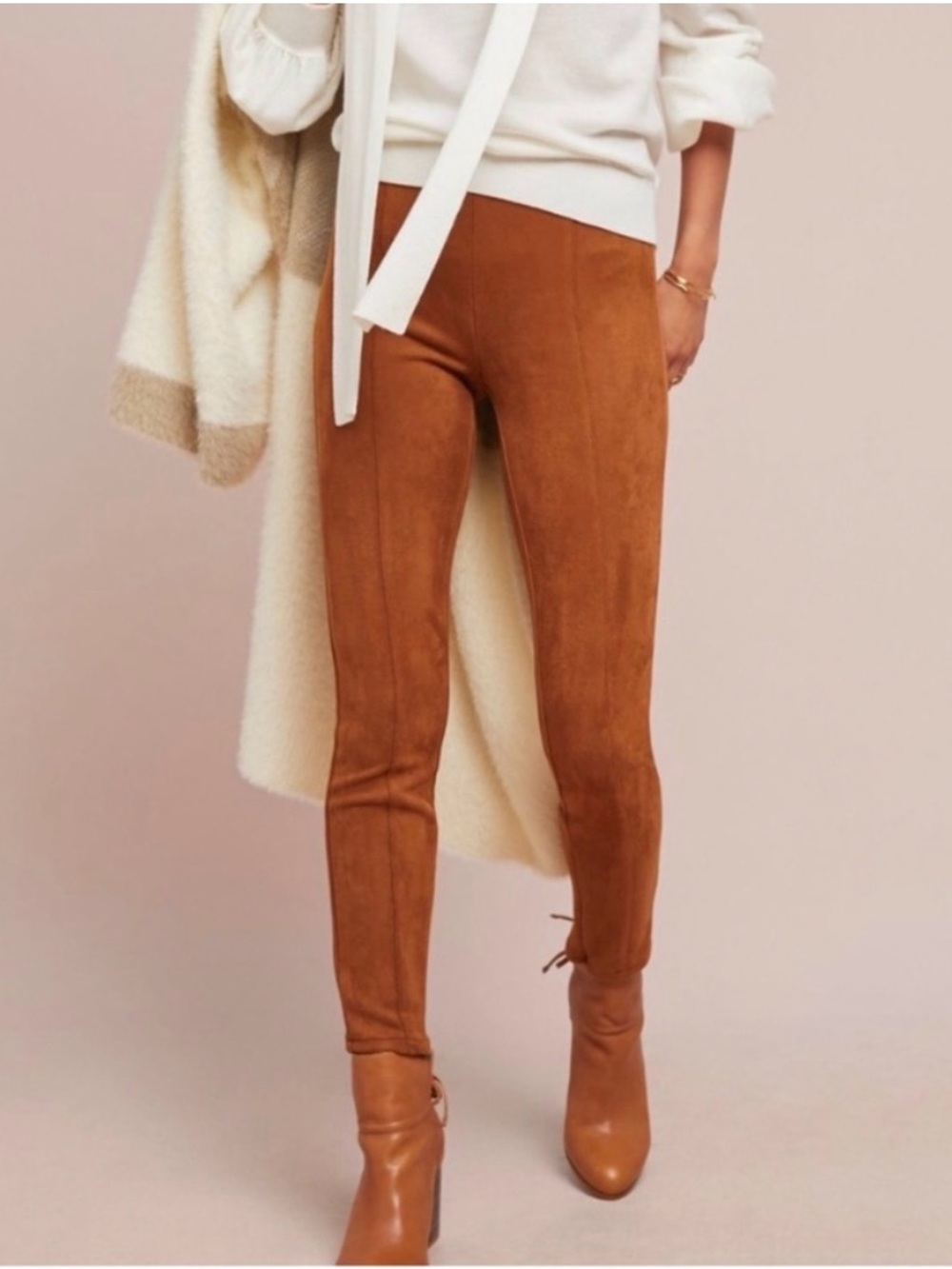 Anthropologie Brown Faux Suede Leggings Ankle Zip Pull On Pants Size 29